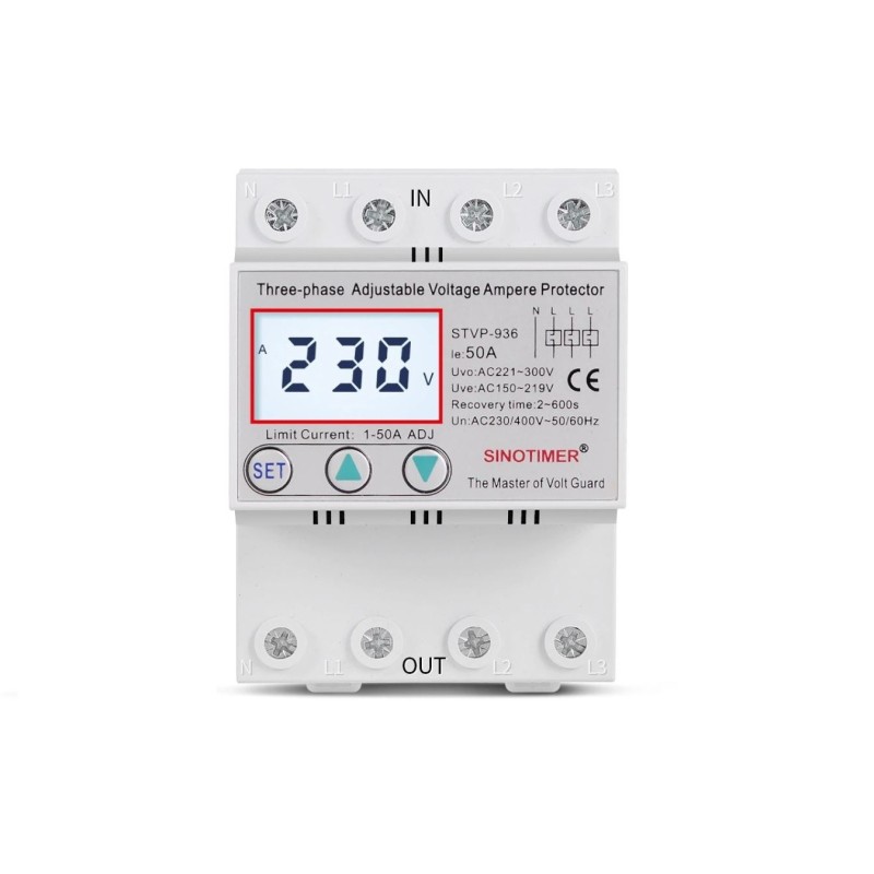 Releu TRIFAZIC siguranta digitala de protectie tensiune, Sinotimer, 380V, 1- 50A, STVP-936-50A, recuperare automata
