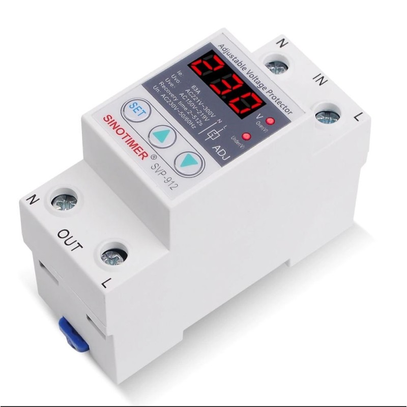 Releu monofazic protectie tensiune programabil, Sinotimer, 63A, ecran digital LED, recuperare automata, SVP-912-63A
