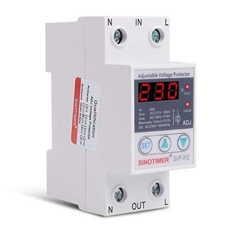 Releu de protectie tensiune monofazic, Sinotimer, 40A, ecran digital LED, recuperare automata, SVP-912-40A