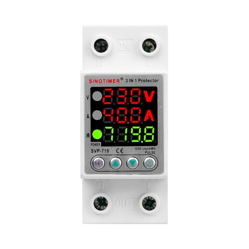 Releu digital monofazic de protectie tensiune, Sinotimer, si curent 1- 40A, consum KW, ecran digital LED, SVP-719-40A